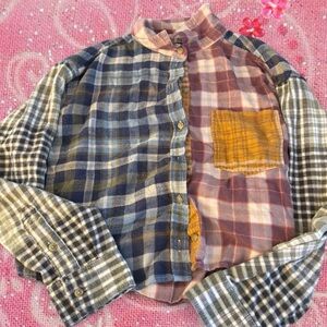 American Eagle Outfitters Mixed Plaid Button-Down Shirt with Mustard Pocket